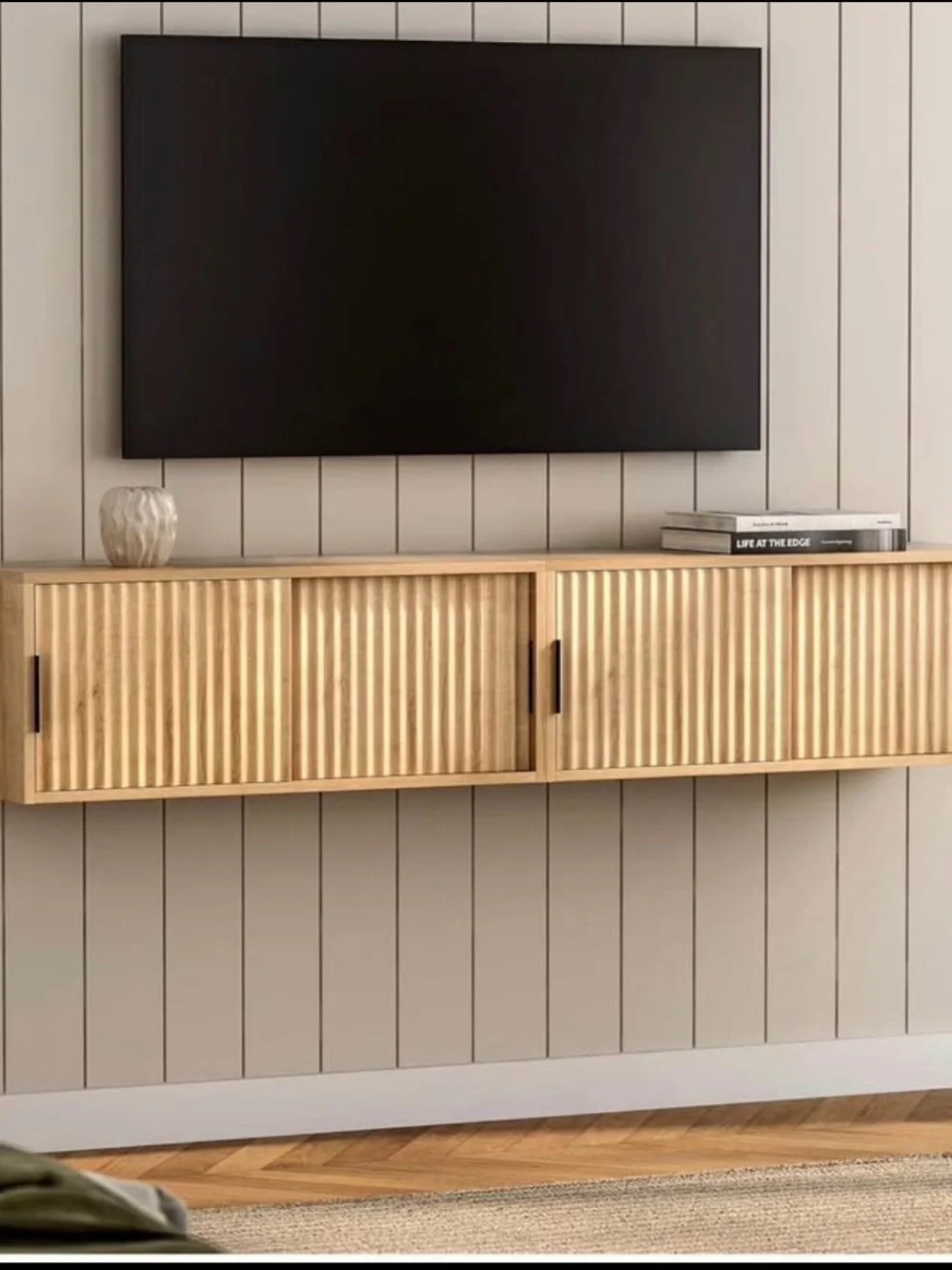 2 Floating Wood Media Console Cabinet in Natural Oak